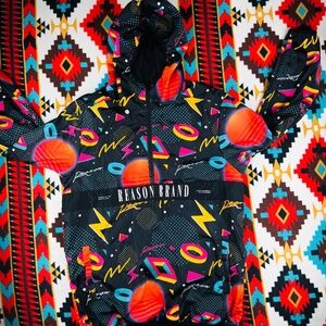 Reason Brand 90s Windbreaker Pullover Jacket + Pants Set Men’s M Black Neon Allo